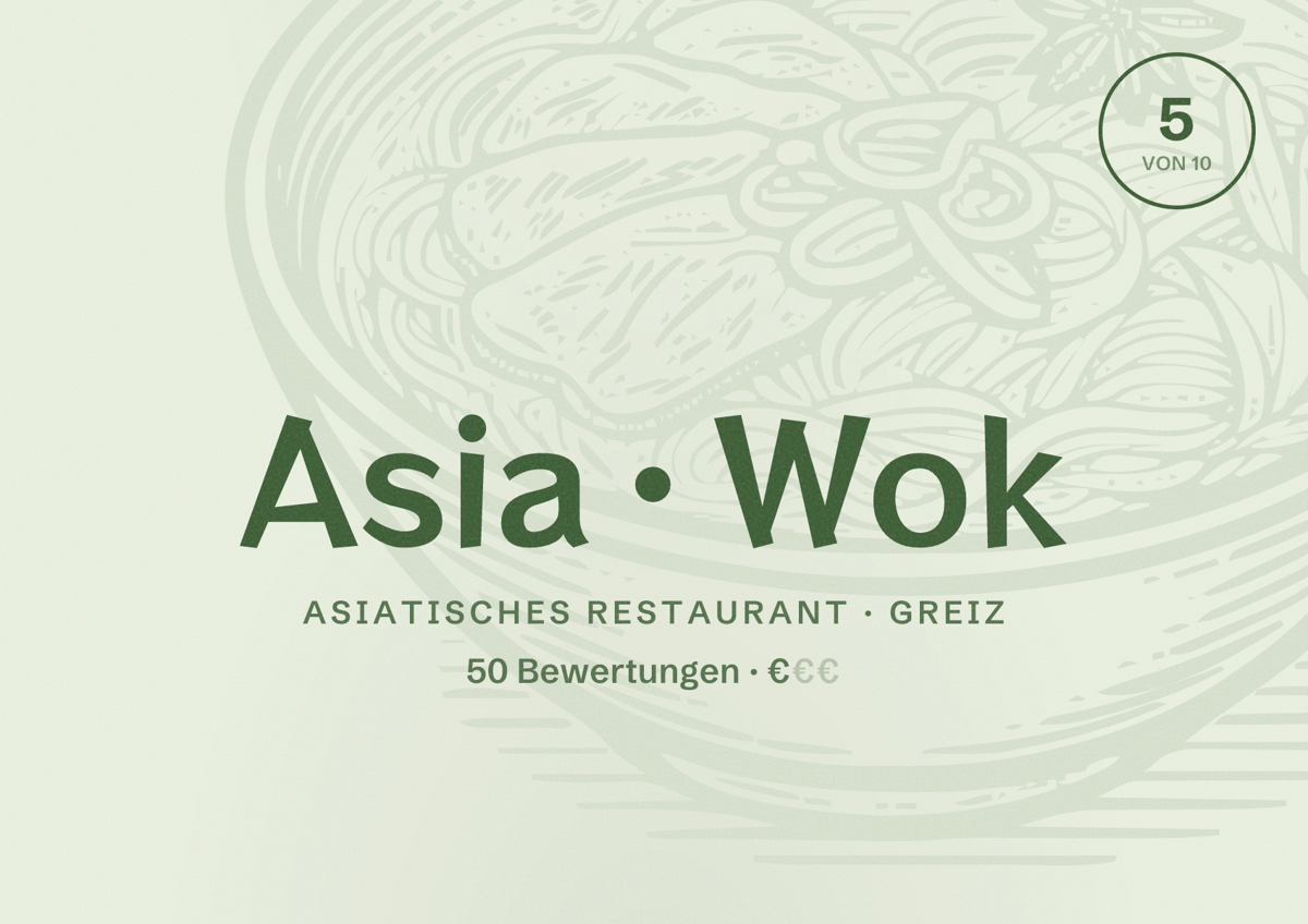 Illustriertes Poster von Asia Wok, Asiatisches Restaurant in Greiz: Bewertung 5 von 10 aus 50 Bewertungen, Preisniveau €