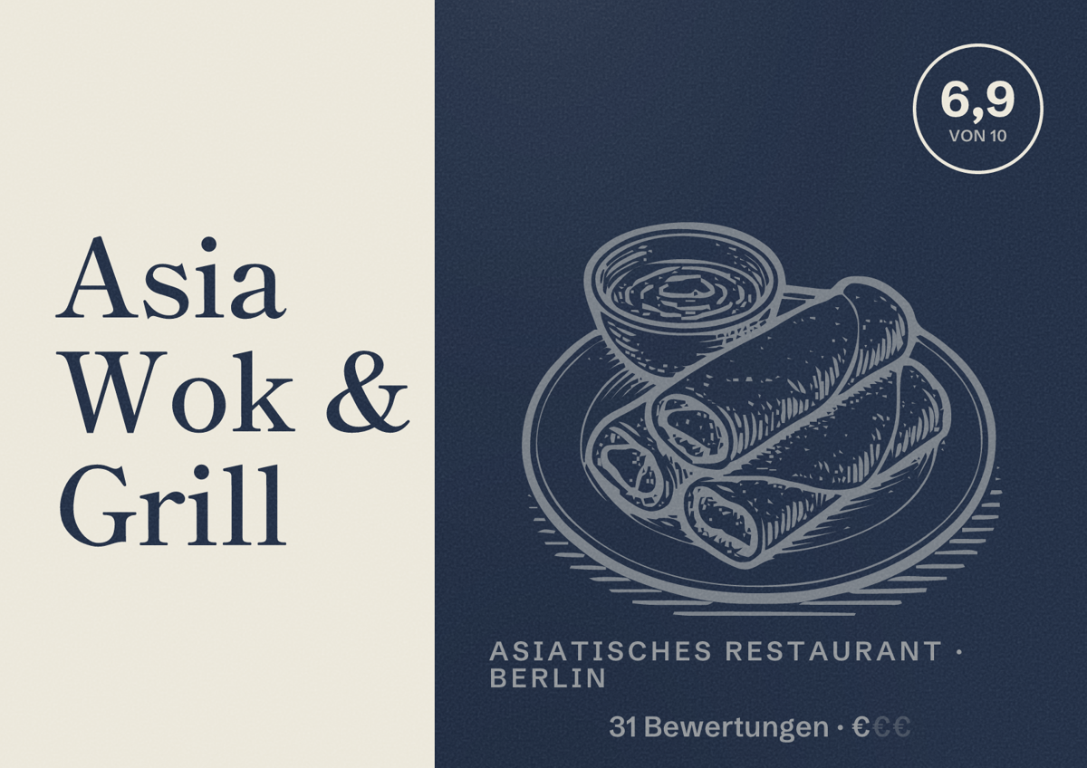 Illustriertes Poster von Asia Wok & Grill, Asiatisches Restaurant in Berlin: Bewertung 6,9 von 10 aus 31 Bewertungen, Preisniveau €