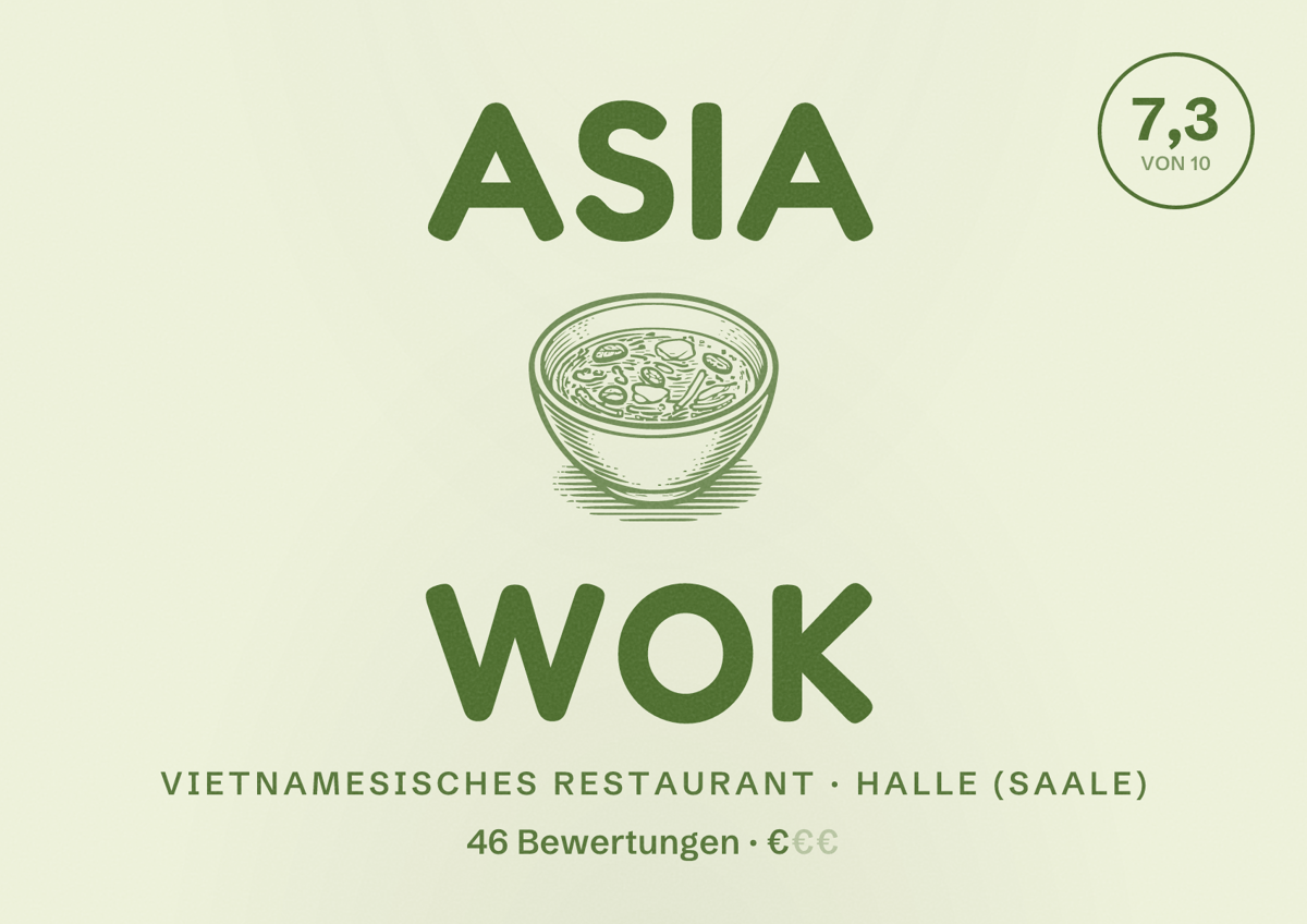 Illustriertes Poster von Asia Wok, Vietnamesisches Restaurant in Halle (Saale): Bewertung 7,3 von 10 aus 46 Bewertungen, Preisniveau €