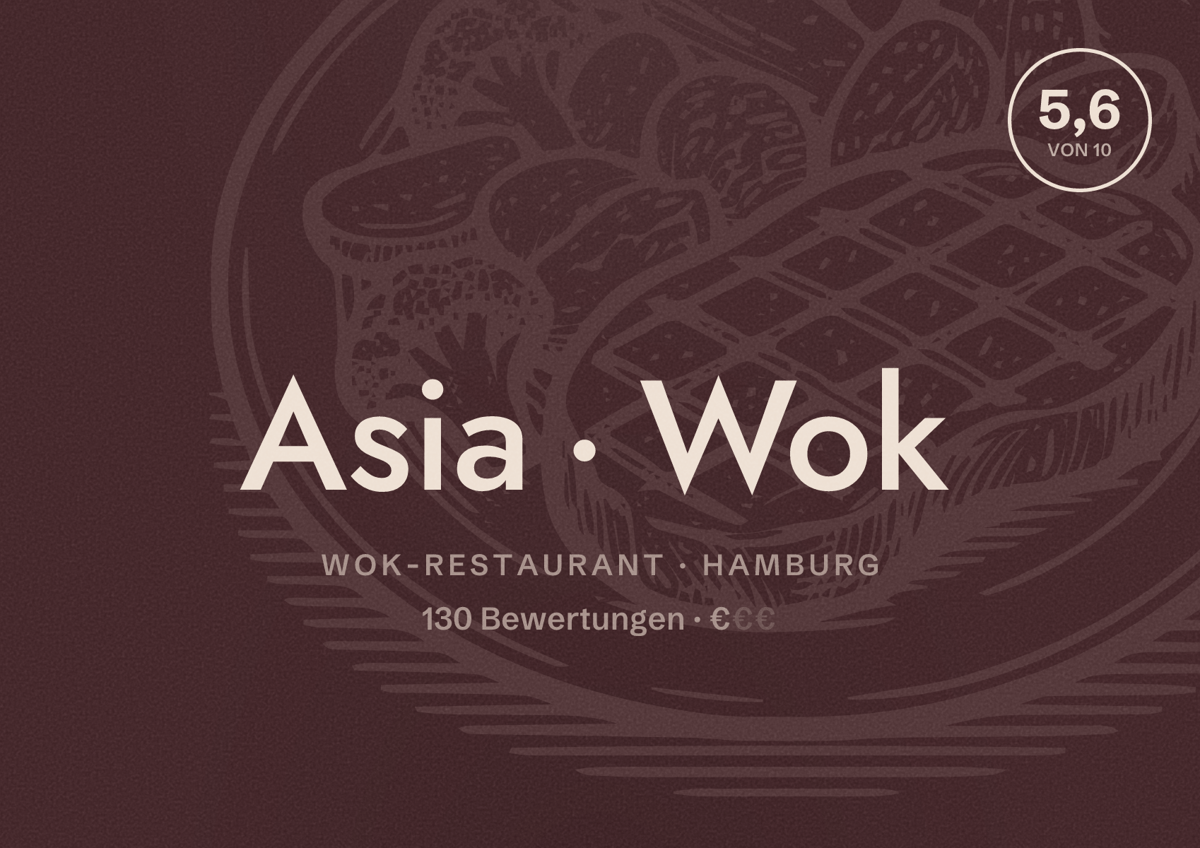 Illustriertes Poster von Asia Wok, Wok-Restaurant in Hamburg: Bewertung 5,6 von 10 aus 130 Bewertungen, Preisniveau €