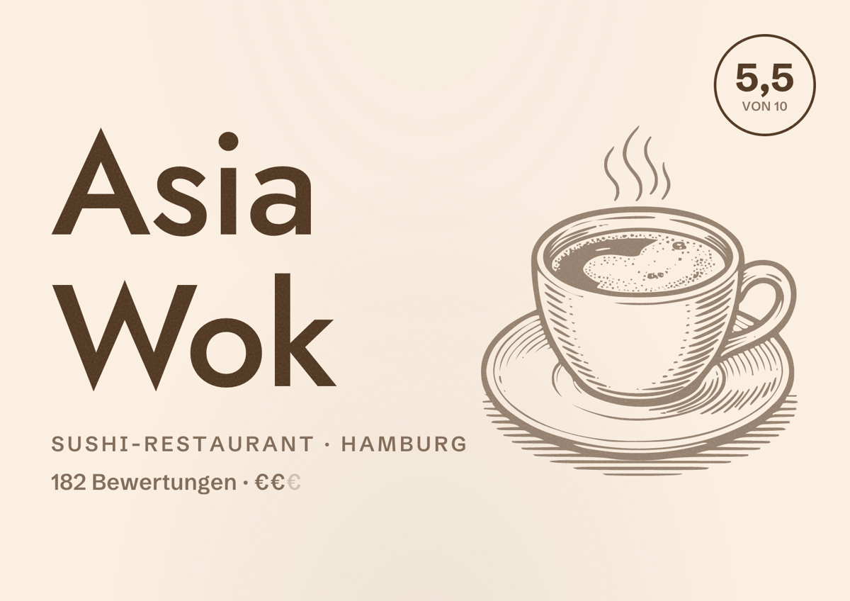 Illustriertes Poster von Asia Wok, Sushi-Restaurant in Hamburg: Bewertung 5,5 von 10 aus 182 Bewertungen, Preisniveau €€