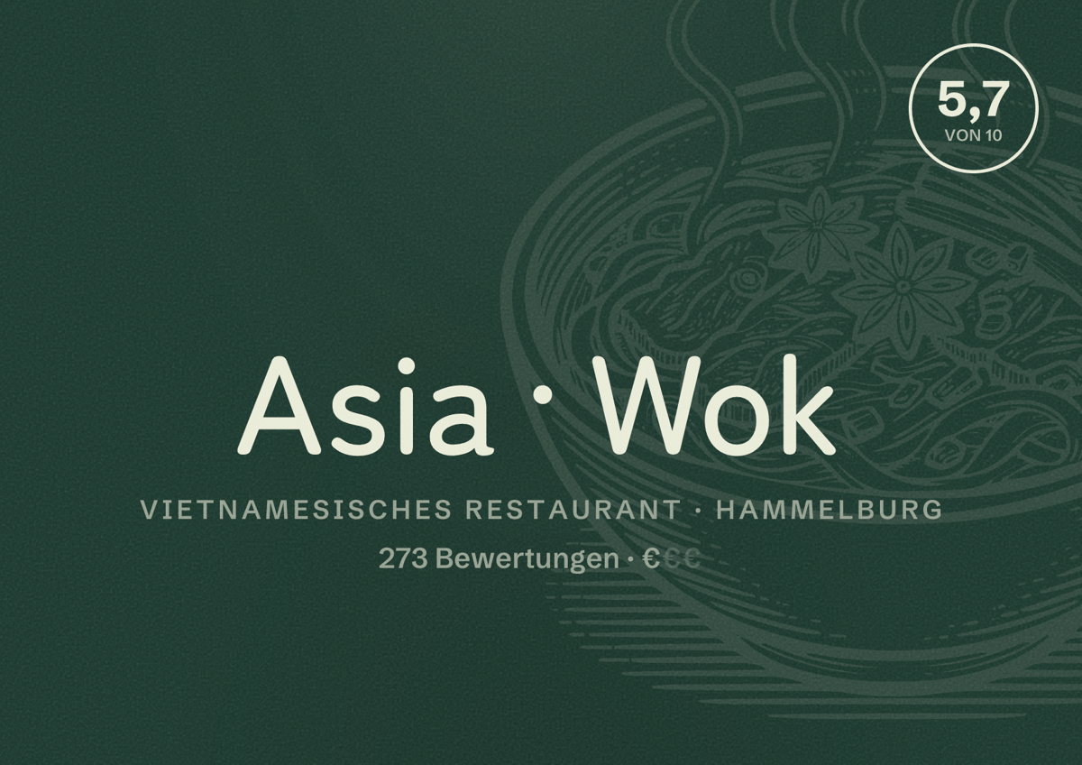 Illustriertes Poster von Asia Wok, Vietnamesisches Restaurant in Hammelburg: Bewertung 5,7 von 10 aus 273 Bewertungen, Preisniveau €