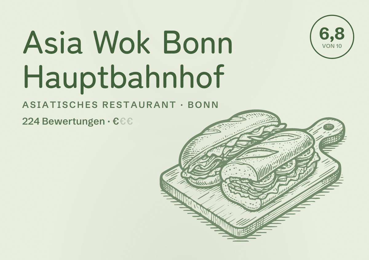 Illustriertes Poster von Asia Wok Bonn Hauptbahnhof, Asiatisches Restaurant in Bonn: Bewertung 6,8 von 10 aus 224 Bewertungen, Preisniveau €