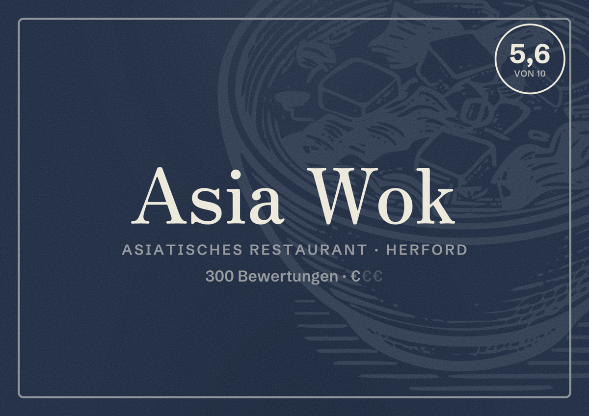 Illustriertes Poster von Asia Wok, Asiatisches Restaurant in Herford: Bewertung 5,6 von 10 aus 300 Bewertungen, Preisniveau €
