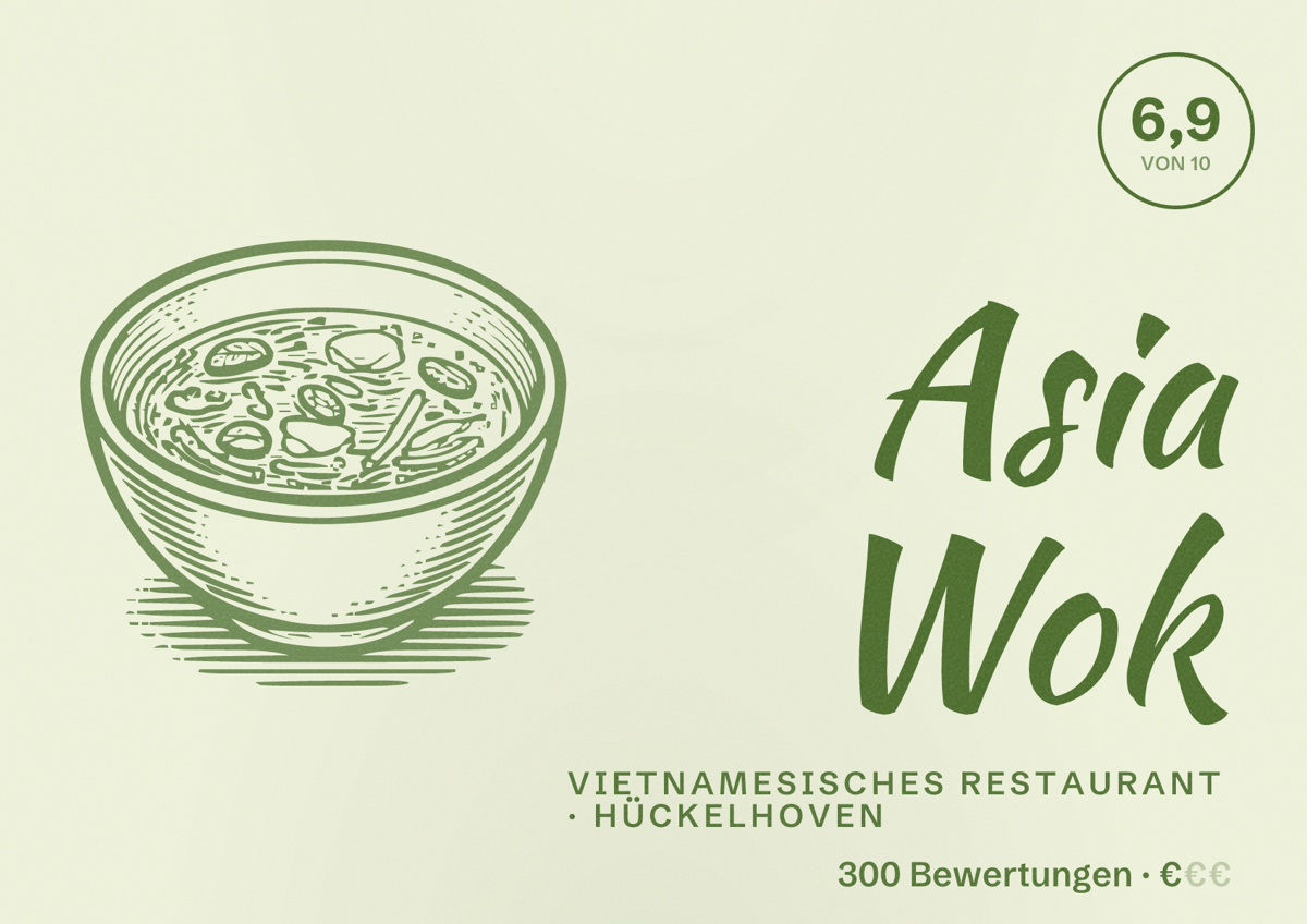 Illustriertes Poster von Asia Wok, Vietnamesisches Restaurant in Hückelhoven: Bewertung 6,9 von 10 aus 300 Bewertungen, Preisniveau €