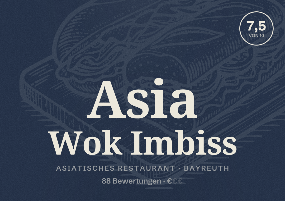 Illustriertes Poster von Asia Wok Imbiss, Asiatisches Restaurant in Bayreuth: Bewertung 7,5 von 10 aus 88 Bewertungen, Preisniveau €