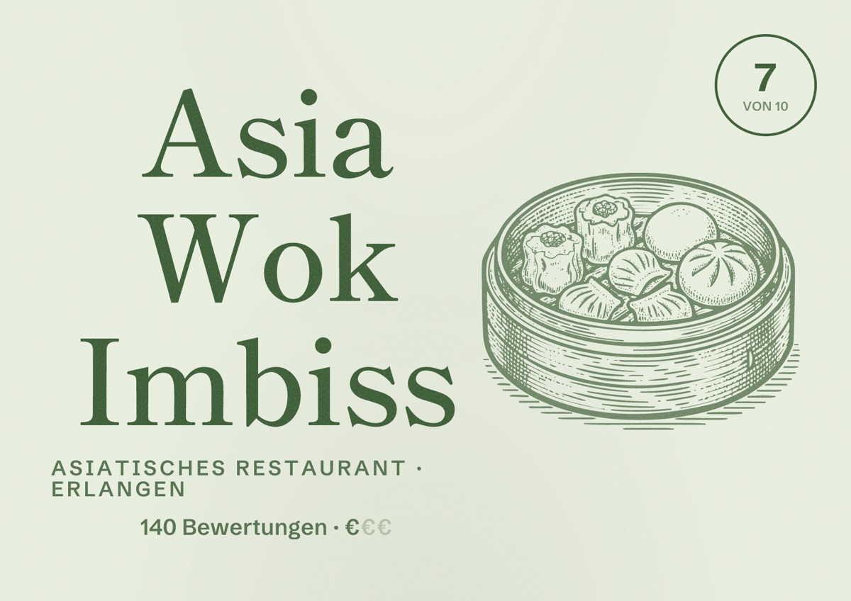 Illustriertes Poster von Asia Wok Imbiss, Asiatisches Restaurant in Erlangen: Bewertung 7 von 10 aus 140 Bewertungen, Preisniveau €