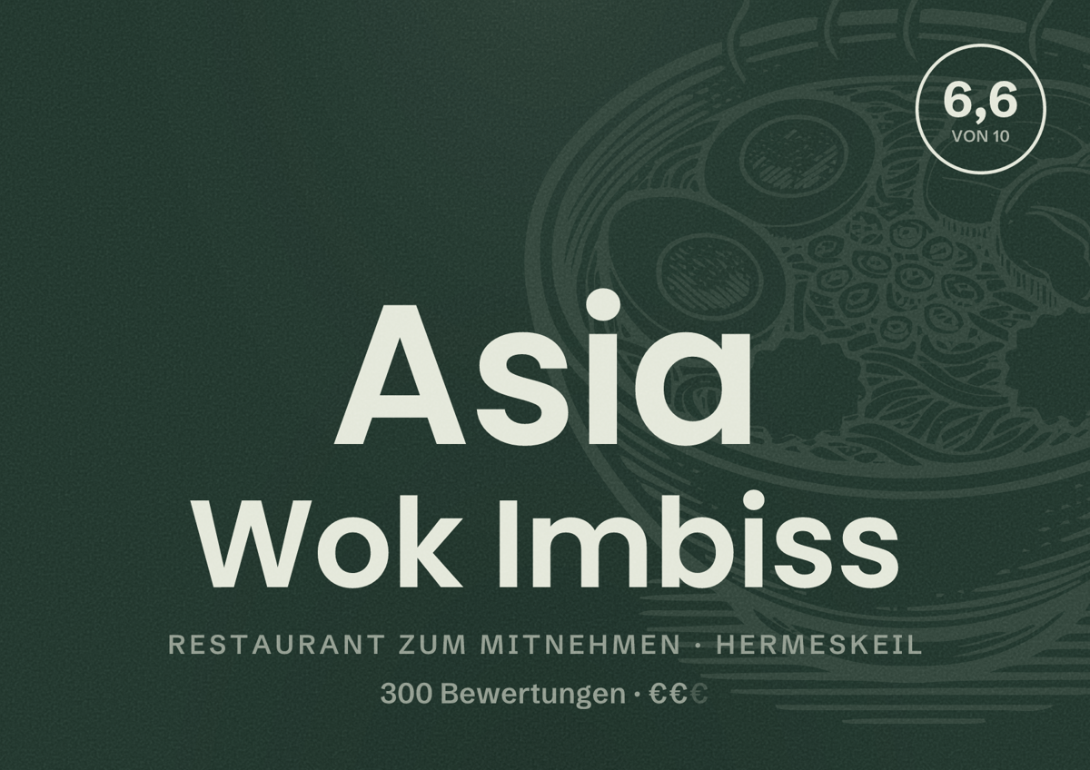 Illustriertes Poster von Asia Wok Imbiss, Restaurant zum Mitnehmen in Hermeskeil: Bewertung 6,6 von 10 aus 300 Bewertungen, Preisniveau €€