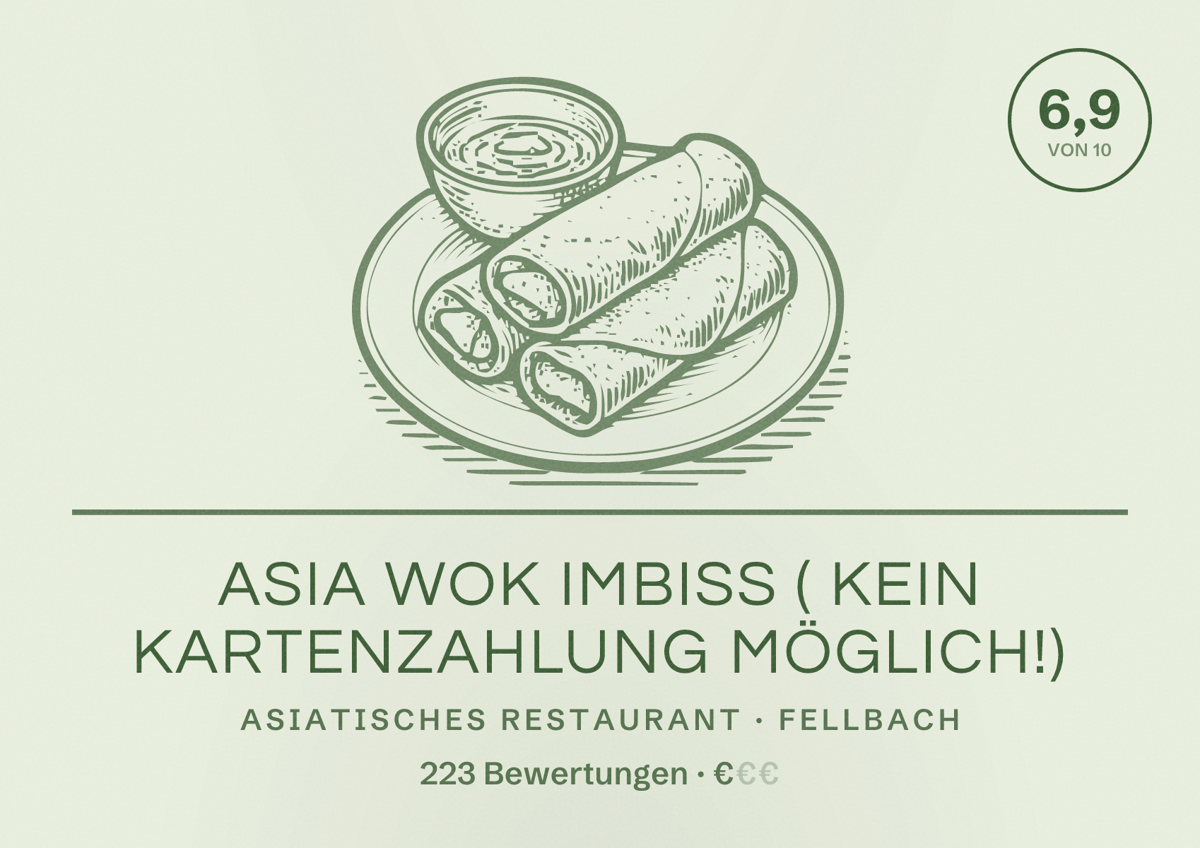 Illustriertes Poster von Asia Wok Imbiss ( kein Kartenzahlung möglich!), Asiatisches Restaurant in Fellbach: Bewertung 6,9 von 10 aus 223 Bewertungen, Preisniveau €