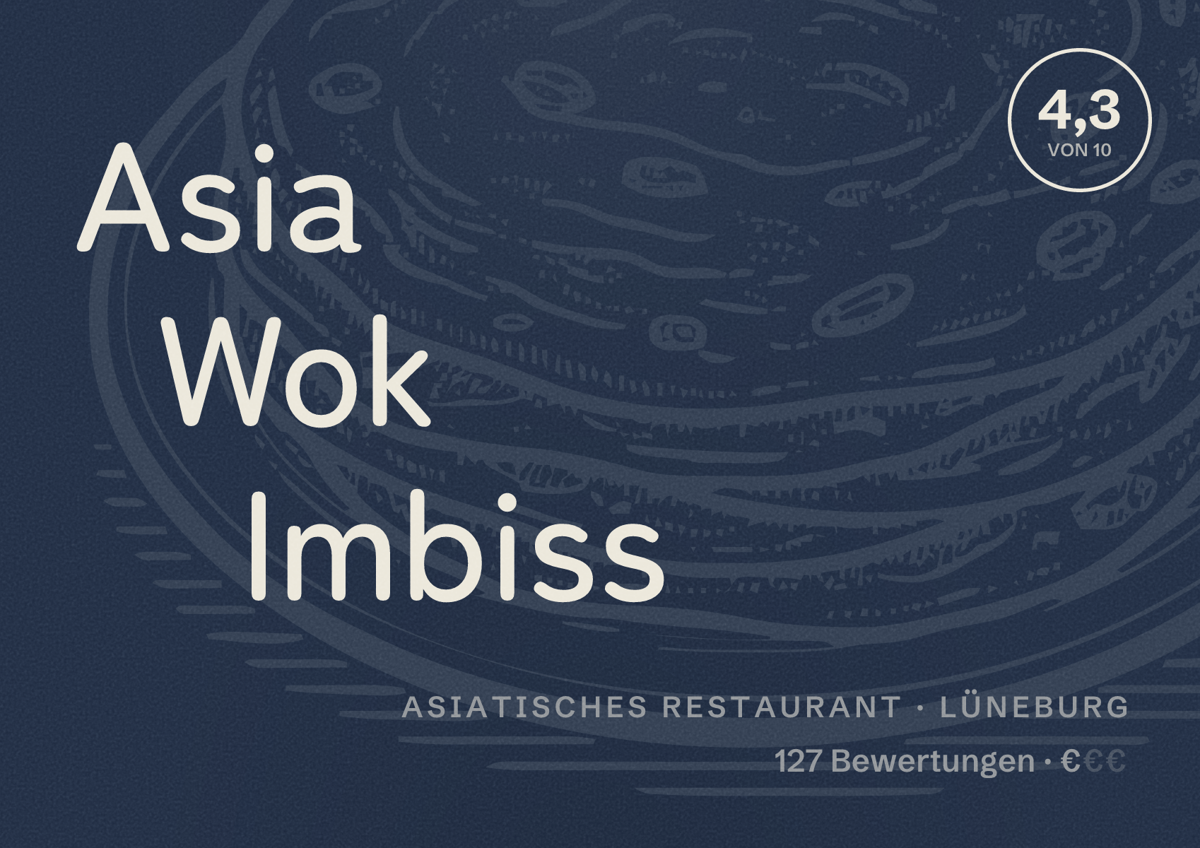 Illustriertes Poster von Asia Wok Imbiss, Asiatisches Restaurant in Lüneburg: Bewertung 4,3 von 10 aus 127 Bewertungen, Preisniveau €