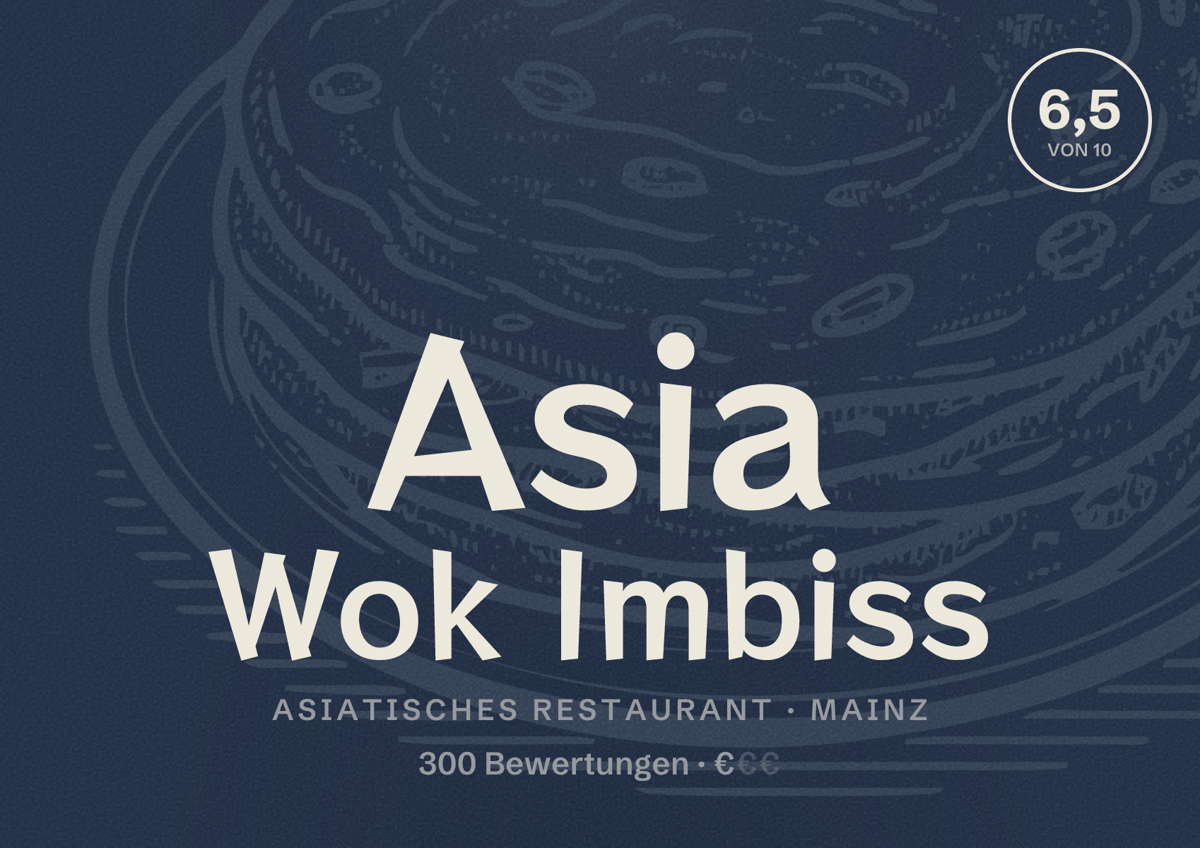 Illustriertes Poster von Asia Wok Imbiss, Asiatisches Restaurant in Mainz: Bewertung 6,5 von 10 aus 300 Bewertungen, Preisniveau €