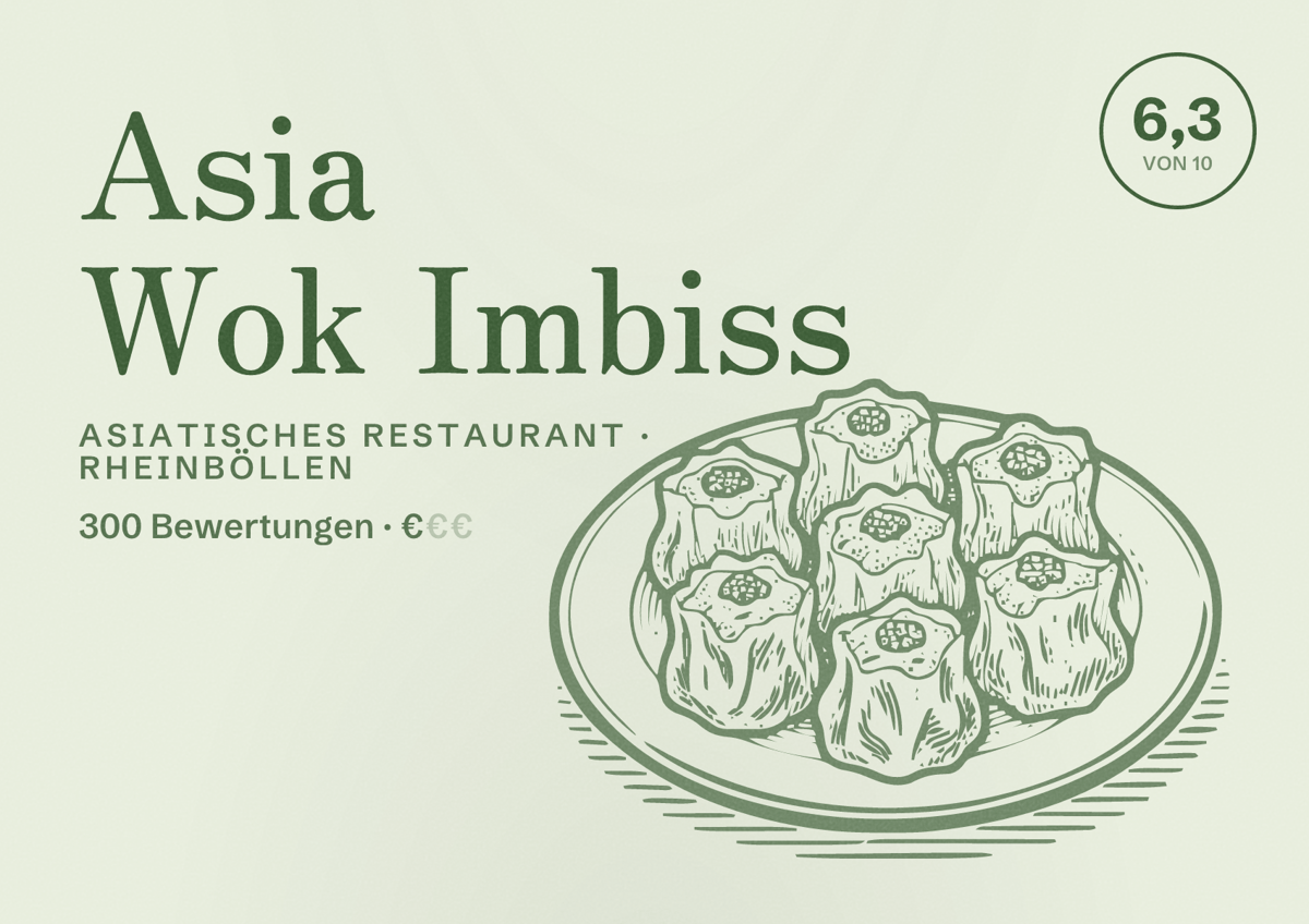 Illustriertes Poster von Asia Wok Imbiss, Asiatisches Restaurant in Rheinböllen: Bewertung 6,3 von 10 aus 300 Bewertungen, Preisniveau €