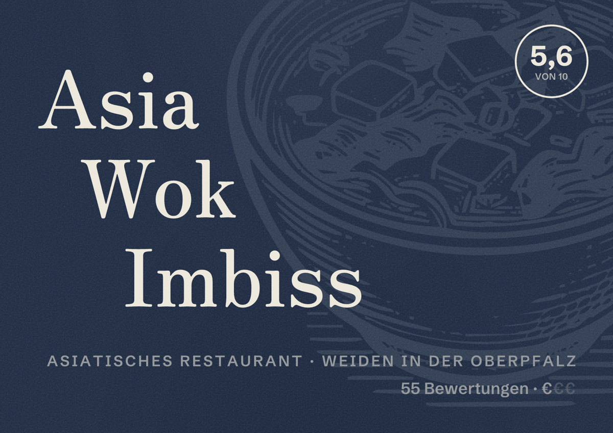 Illustriertes Poster von Asia Wok Imbiss, Asiatisches Restaurant in Weiden in der Oberpfalz: Bewertung 5,6 von 10 aus 55 Bewertungen, Preisniveau €