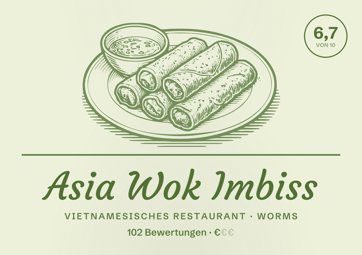 Illustriertes Poster von Asia Wok Imbiss, Vietnamesisches Restaurant in Worms: Bewertung 6,7 von 10 aus 102 Bewertungen, Preisniveau €
