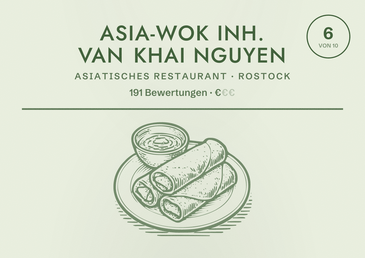 Illustriertes Poster von Asia-Wok Inh. Van Khai Nguyen, Asiatisches Restaurant in Rostock: Bewertung 6,0 von 10 aus 191 Bewertungen, Preisniveau €