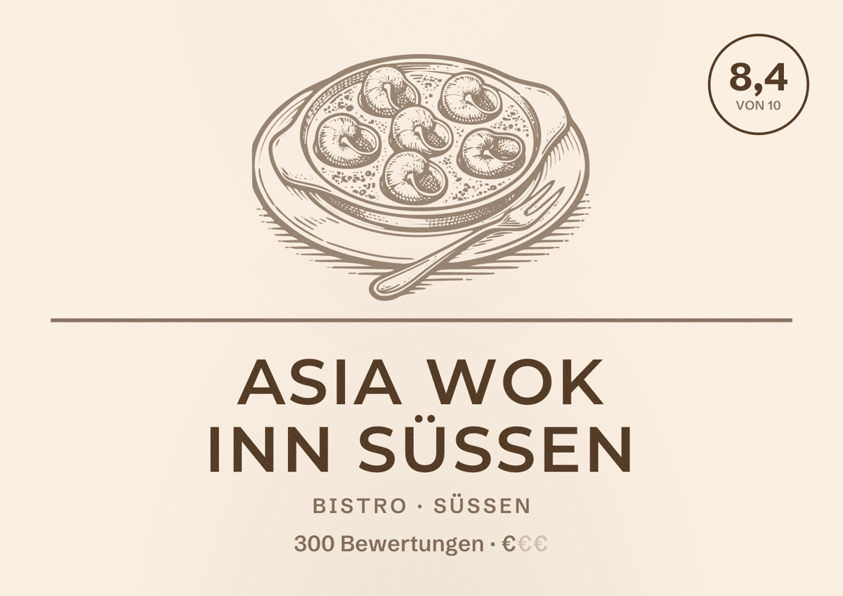 Illustriertes Poster von Asia Wok Inn Süssen, Bistro in Süßen: Bewertung 8,4 von 10 aus 300 Bewertungen, Preisniveau €