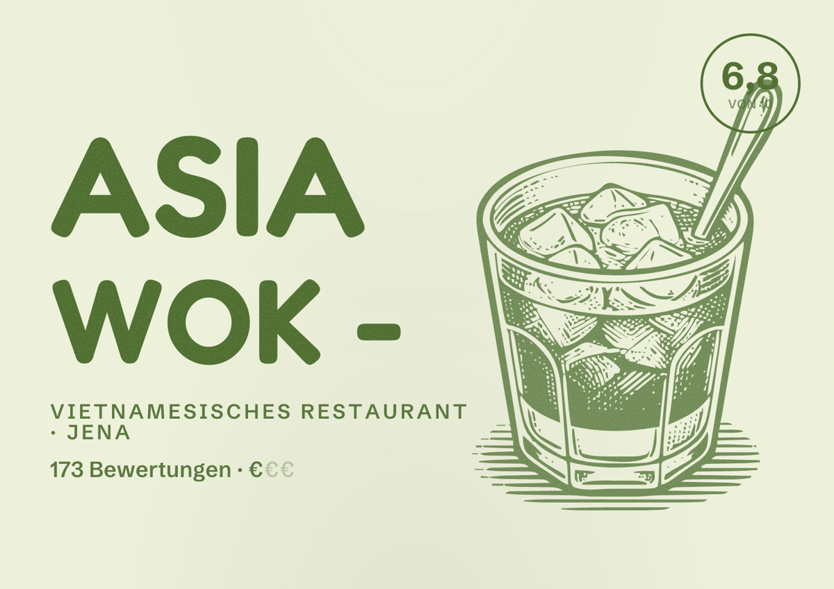 Illustriertes Poster von Asia Wok -, Vietnamesisches Restaurant in Jena: Bewertung 6,8 von 10 aus 173 Bewertungen, Preisniveau €