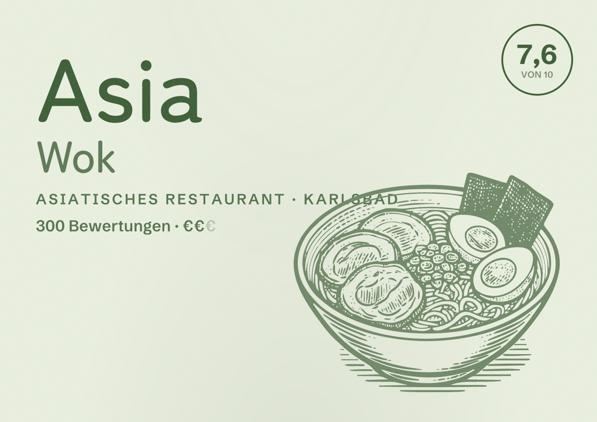 Illustriertes Poster von Asia Wok, Asiatisches Restaurant in Karlsbad: Bewertung 7,6 von 10 aus 300 Bewertungen, Preisniveau €€