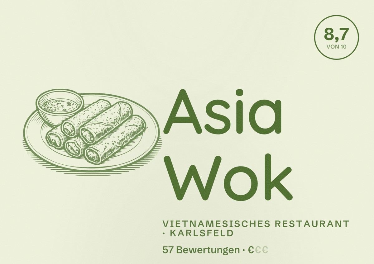 Illustriertes Poster von Asia Wok, Vietnamesisches Restaurant in Karlsfeld: Bewertung 8,7 von 10 aus 57 Bewertungen, Preisniveau €