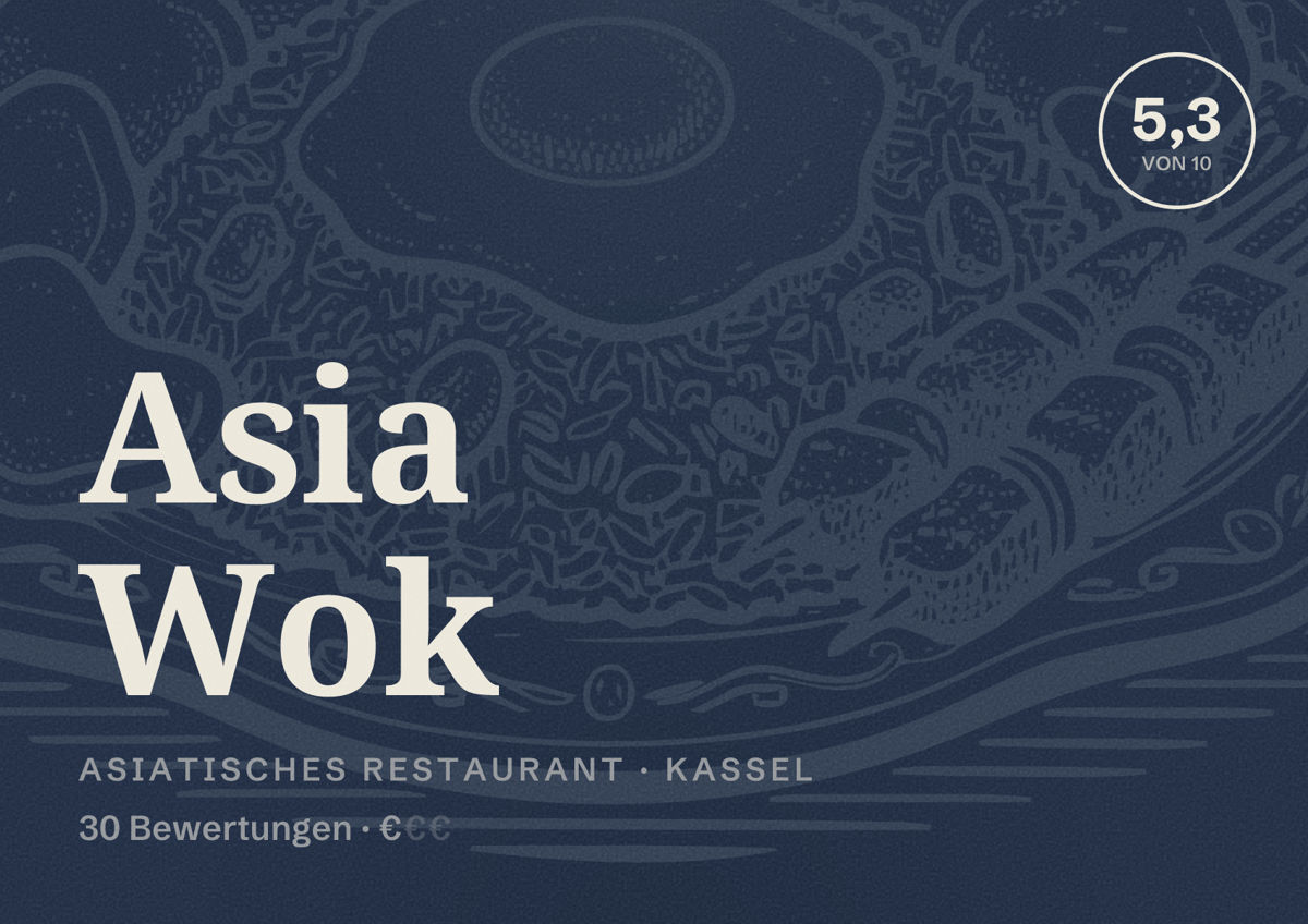Illustriertes Poster von Asia Wok, Asiatisches Restaurant in Kassel: Bewertung 5,3 von 10 aus 30 Bewertungen, Preisniveau €