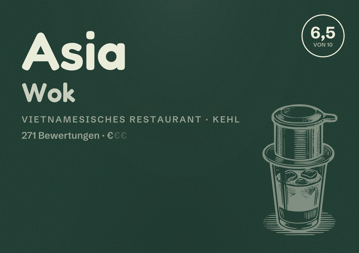 Illustriertes Poster von Asia Wok, Vietnamesisches Restaurant in Kehl: Bewertung 6,5 von 10 aus 271 Bewertungen, Preisniveau €