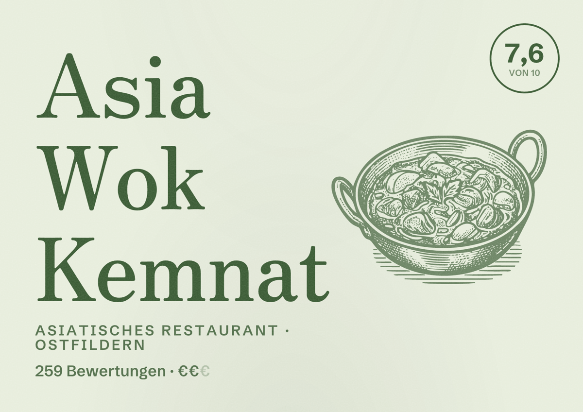 Illustriertes Poster von Asia Wok Kemnat, Asiatisches Restaurant in Ostfildern: Bewertung 7,6 von 10 aus 259 Bewertungen, Preisniveau €€