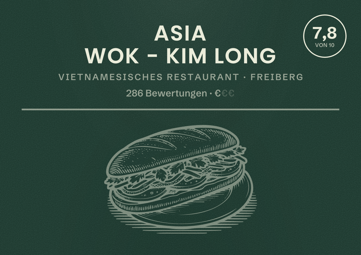 Illustriertes Poster von Asia Wok - Kim Long, Vietnamesisches Restaurant in Freiberg: Bewertung 7,8 von 10 aus 286 Bewertungen, Preisniveau €