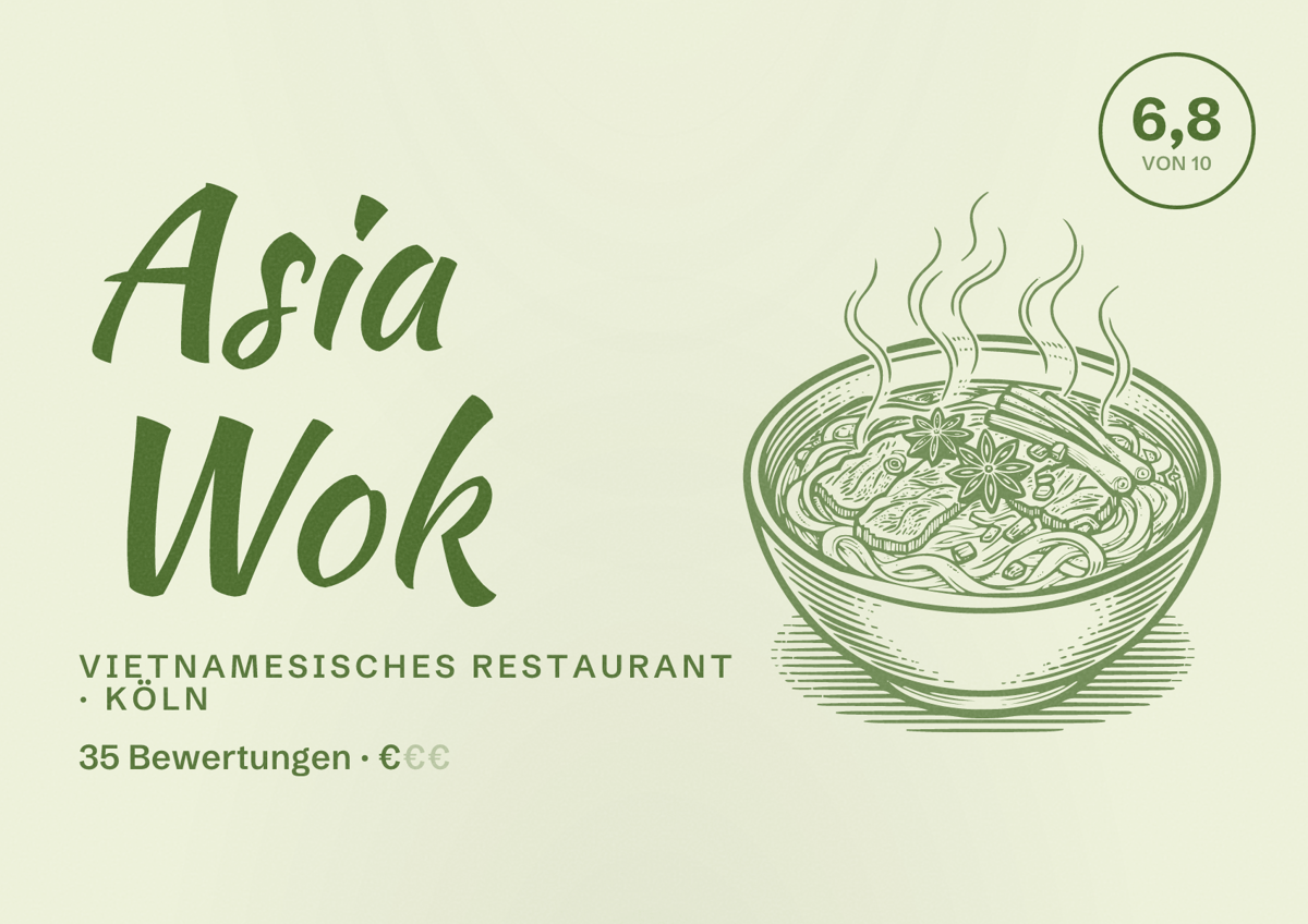 Illustriertes Poster von Asia Wok, Vietnamesisches Restaurant in Köln: Bewertung 6,8 von 10 aus 35 Bewertungen, Preisniveau €