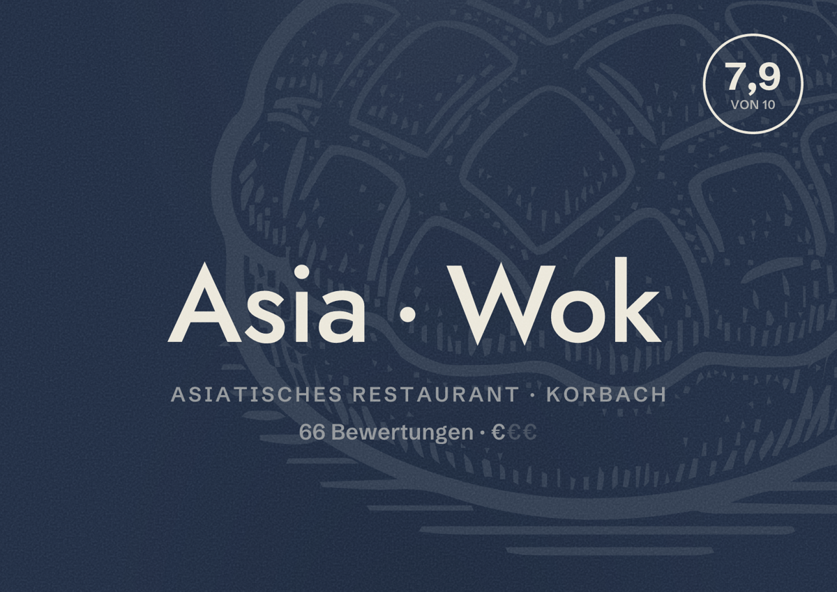 Illustriertes Poster von Asia Wok, Asiatisches Restaurant in Korbach: Bewertung 7,9 von 10 aus 66 Bewertungen, Preisniveau €
