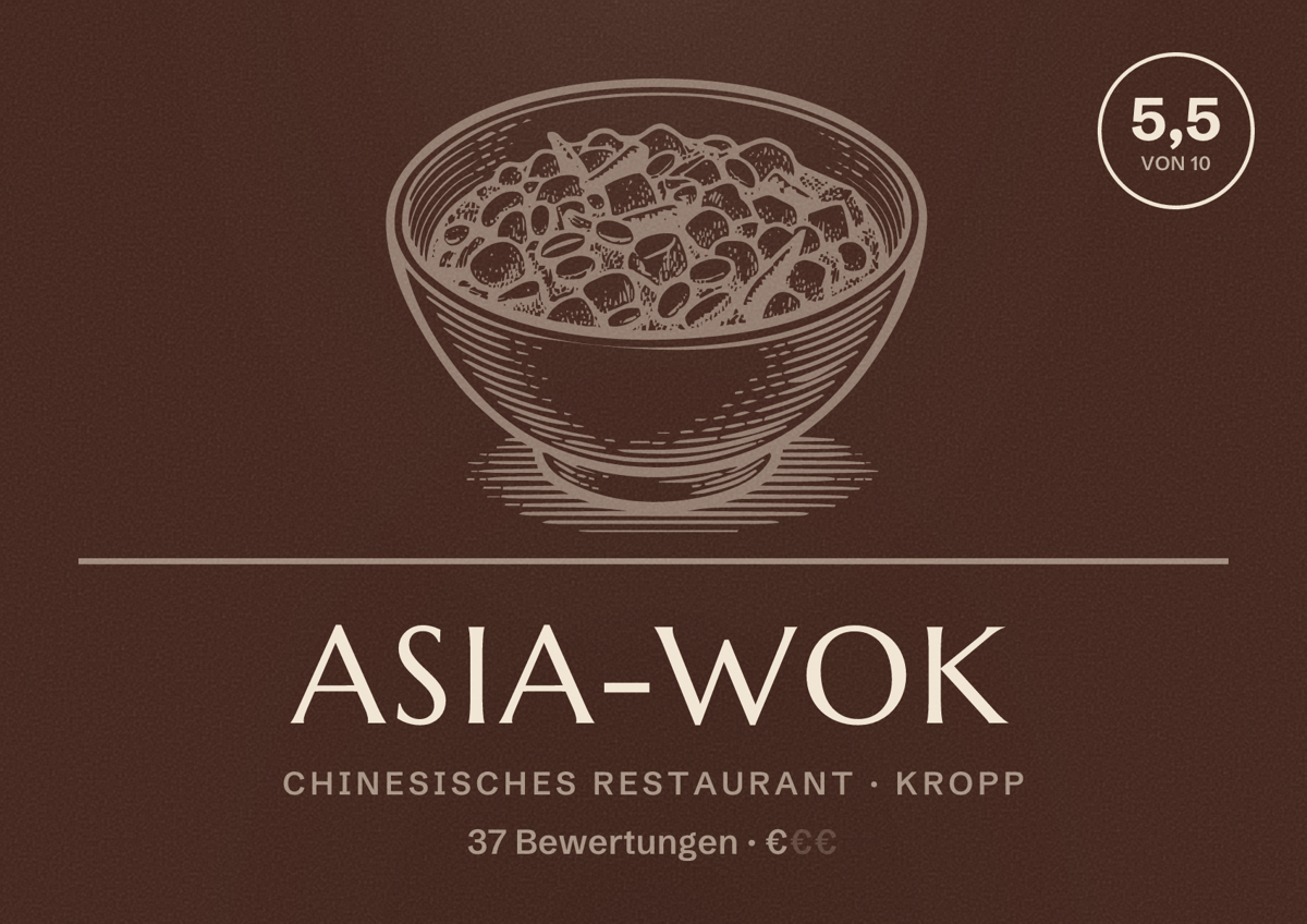 Illustriertes Poster von Asia-Wok, Chinesisches Restaurant in Kropp: Bewertung 5,5 von 10 aus 37 Bewertungen, Preisniveau €