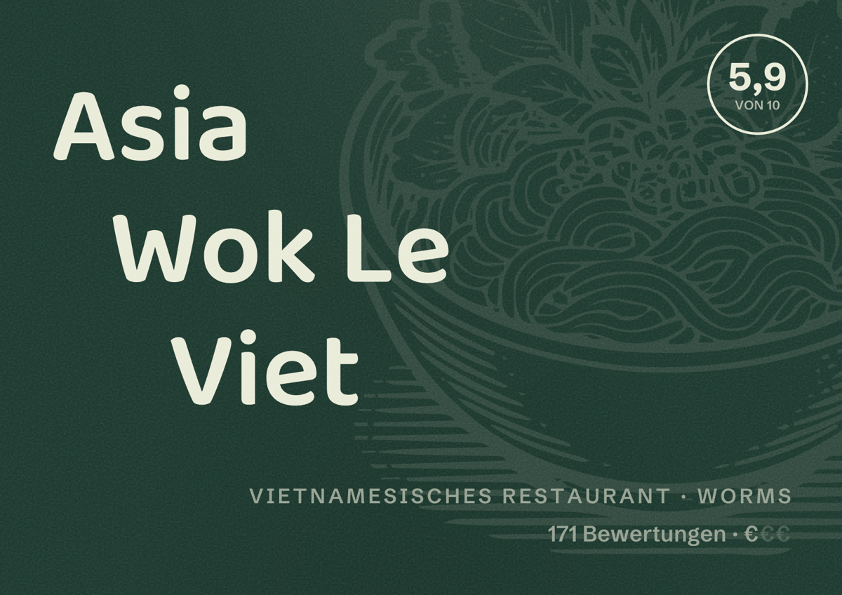 Illustriertes Poster von Asia Wok Le Viet, Vietnamesisches Restaurant in Worms: Bewertung 5,9 von 10 aus 171 Bewertungen, Preisniveau €