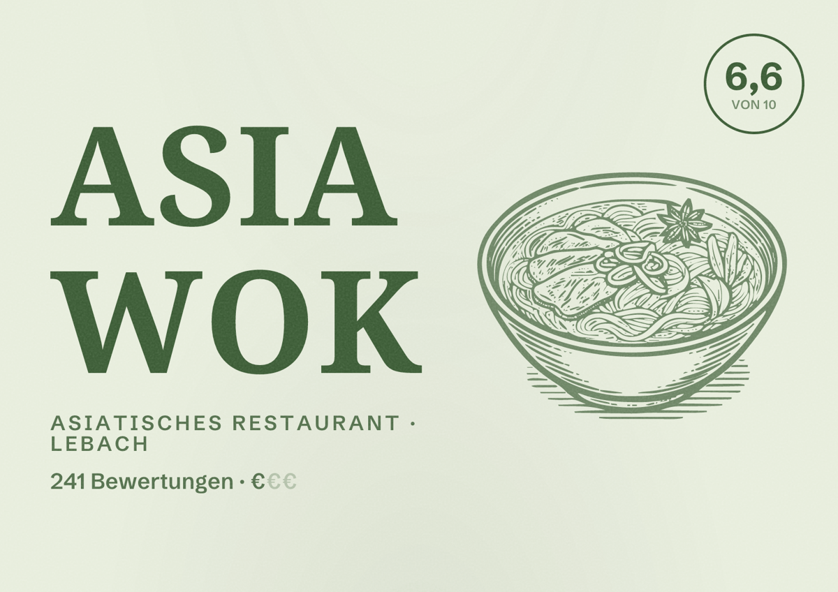 Illustriertes Poster von Asia Wok, Asiatisches Restaurant in Lebach: Bewertung 6,6 von 10 aus 241 Bewertungen, Preisniveau €