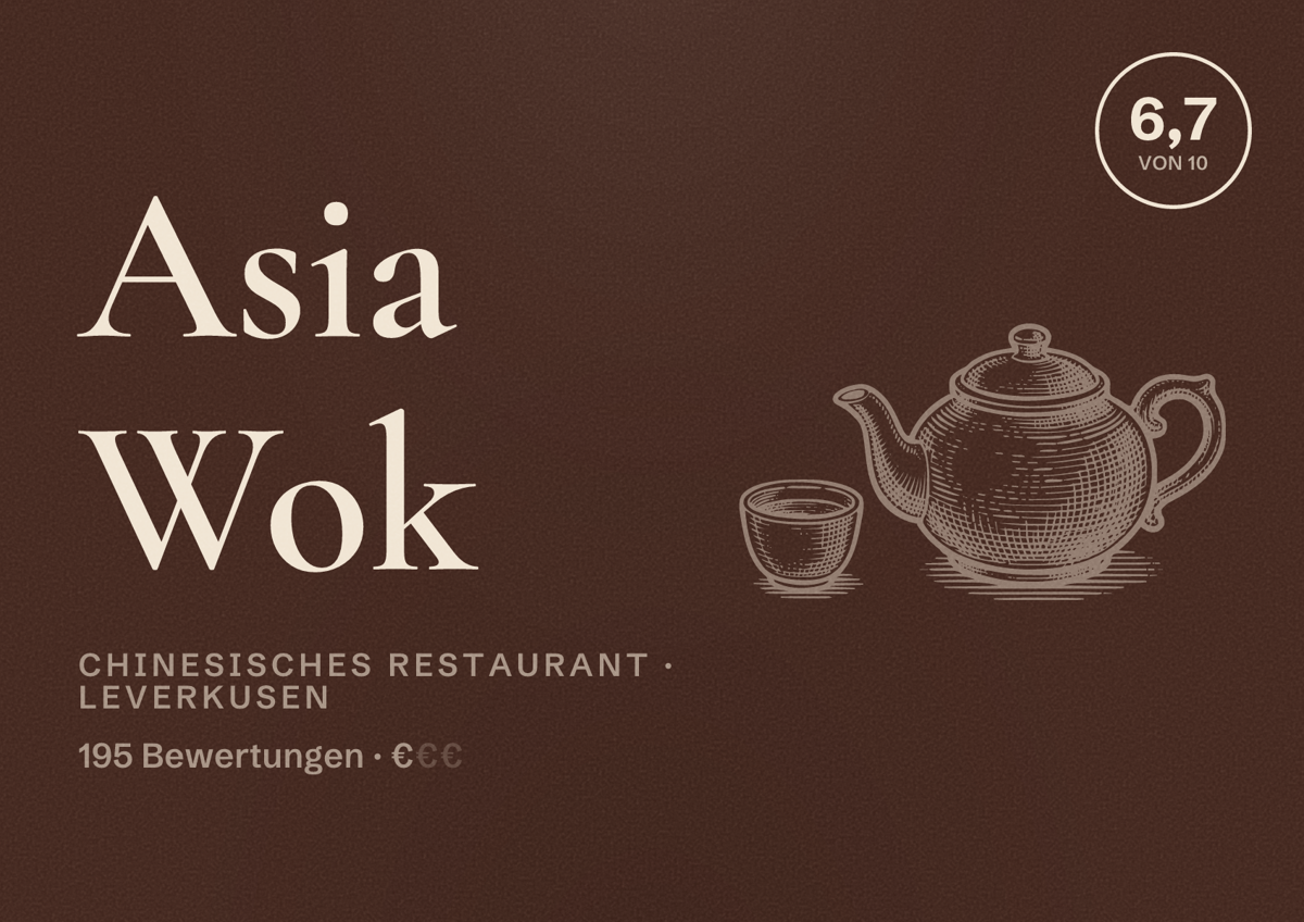 Illustriertes Poster von Asia Wok, Chinesisches Restaurant in Leverkusen: Bewertung 6,7 von 10 aus 195 Bewertungen, Preisniveau €