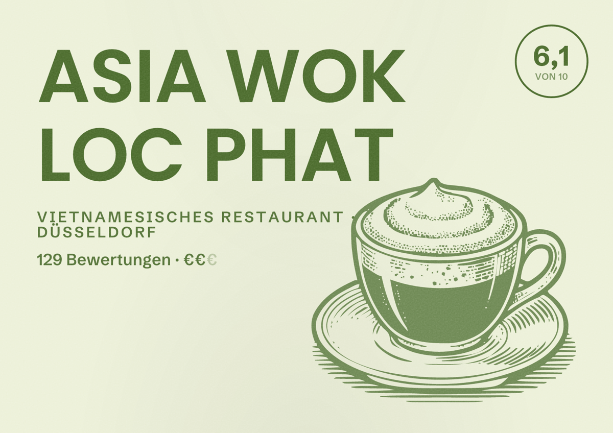 Illustriertes Poster von ASIA WOK LOC PHAT, Vietnamesisches Restaurant in Düsseldorf: Bewertung 6,1 von 10 aus 129 Bewertungen, Preisniveau €€