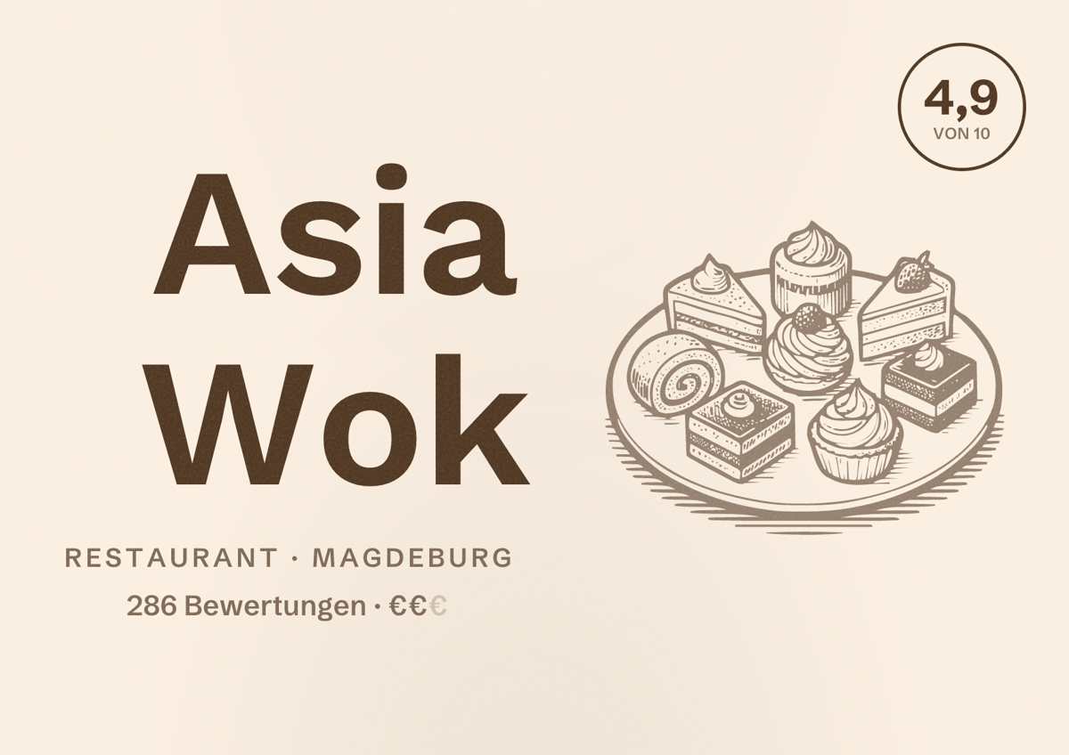 Illustriertes Poster von Asia Wok, Restaurant in Magdeburg: Bewertung 4,9 von 10 aus 286 Bewertungen, Preisniveau €€