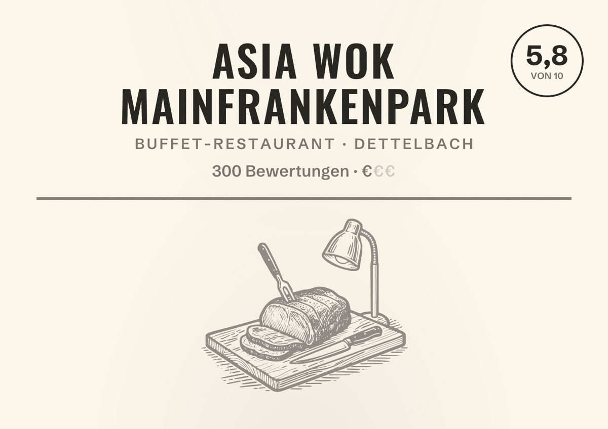 Illustriertes Poster von Asia Wok Mainfrankenpark, Buffet-Restaurant in Dettelbach: Bewertung 5,8 von 10 aus 300 Bewertungen, Preisniveau €