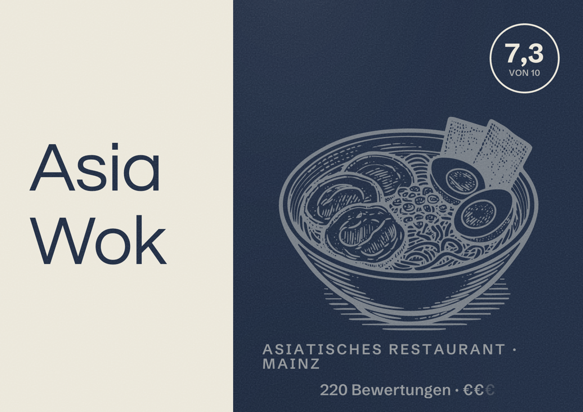 Illustriertes Poster von Asia Wok, Asiatisches Restaurant in Mainz: Bewertung 7,3 von 10 aus 220 Bewertungen, Preisniveau €€