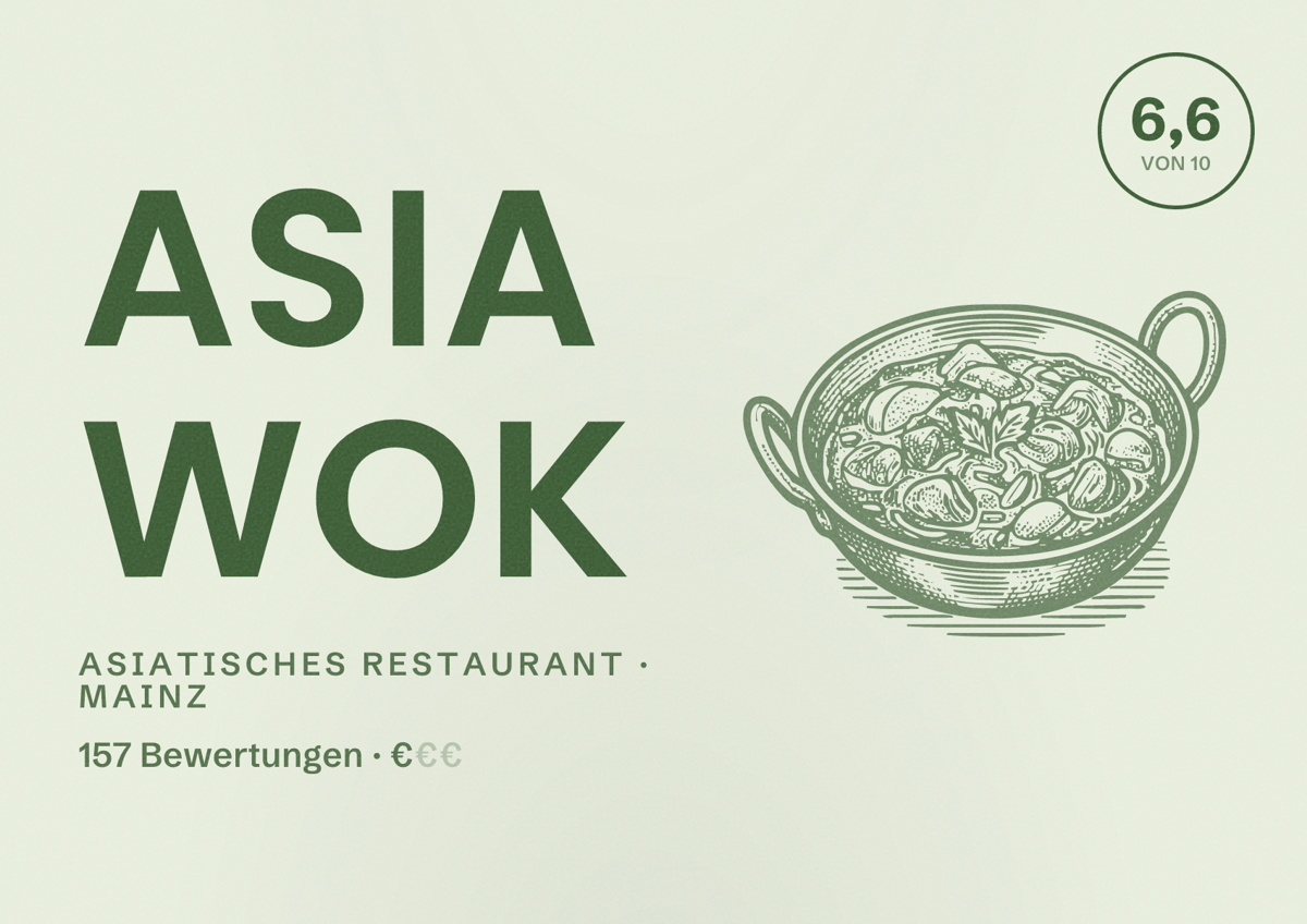 Illustriertes Poster von Asia Wok, Asiatisches Restaurant in Mainz: Bewertung 6,6 von 10 aus 157 Bewertungen, Preisniveau €
