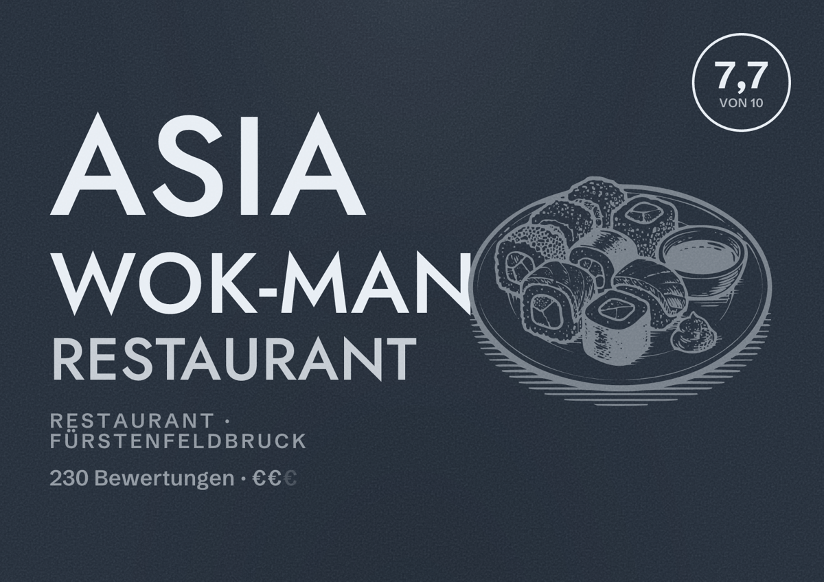 Illustriertes Poster von Asia Wok-Man Restaurant, Restaurant in Fürstenfeldbruck: Bewertung 7,7 von 10 aus 230 Bewertungen, Preisniveau €€