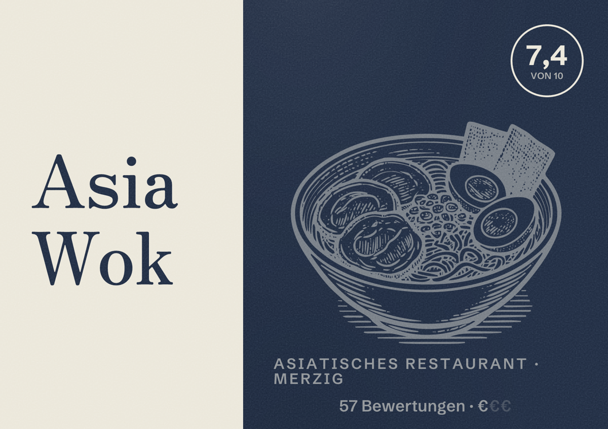 Illustriertes Poster von Asia Wok, Asiatisches Restaurant in Merzig: Bewertung 7,4 von 10 aus 57 Bewertungen, Preisniveau €