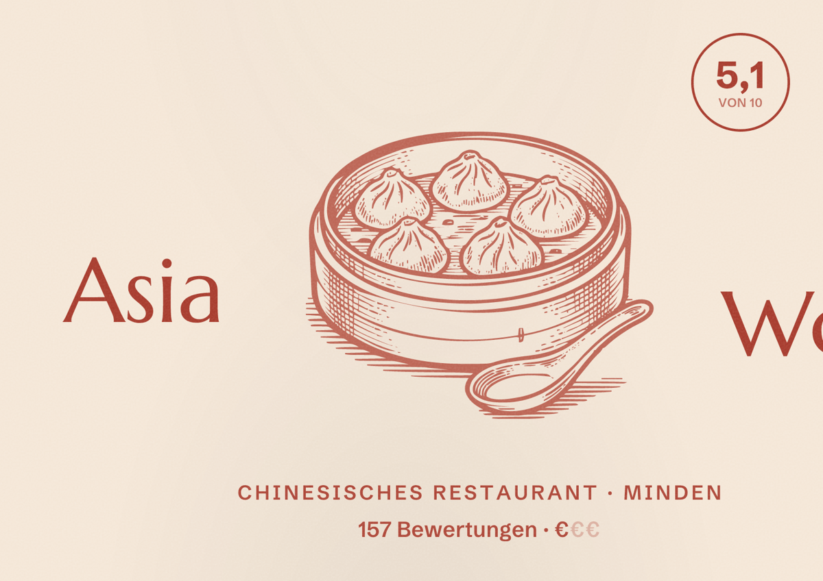 Illustriertes Poster von Asia Wok, Chinesisches Restaurant in Minden: Bewertung 5,1 von 10 aus 157 Bewertungen, Preisniveau €