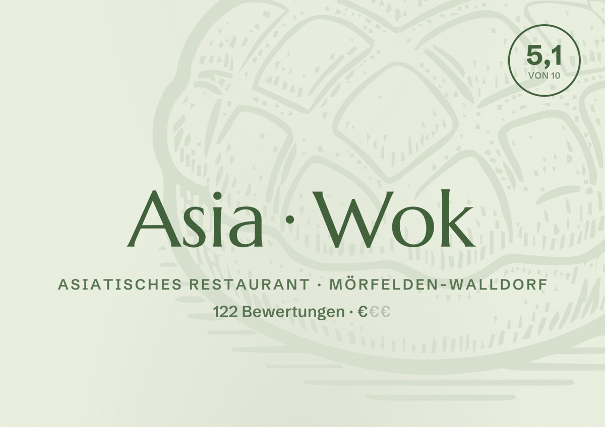 Illustriertes Poster von Asia Wok, Asiatisches Restaurant in Mörfelden-Walldorf: Bewertung 5,1 von 10 aus 122 Bewertungen, Preisniveau €