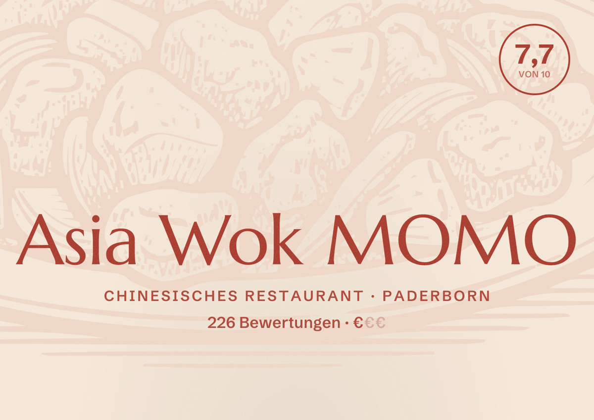 Illustriertes Poster von Asia Wok MOMO, Chinesisches Restaurant in Paderborn: Bewertung 7,7 von 10 aus 226 Bewertungen, Preisniveau €