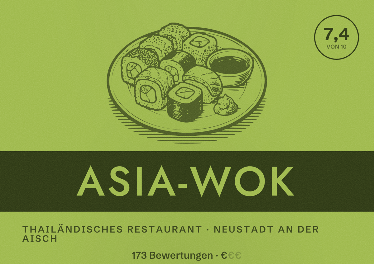 Illustriertes Poster von Asia-Wok, Thailändisches Restaurant in Neustadt an der Aisch: Bewertung 7,4 von 10 aus 173 Bewertungen, Preisniveau €