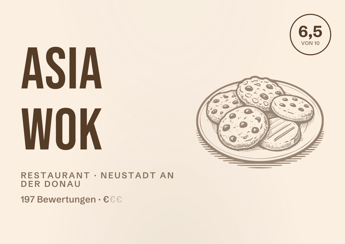 Illustriertes Poster von Asia Wok, Restaurant in Neustadt an der Donau: Bewertung 6,5 von 10 aus 197 Bewertungen, Preisniveau €