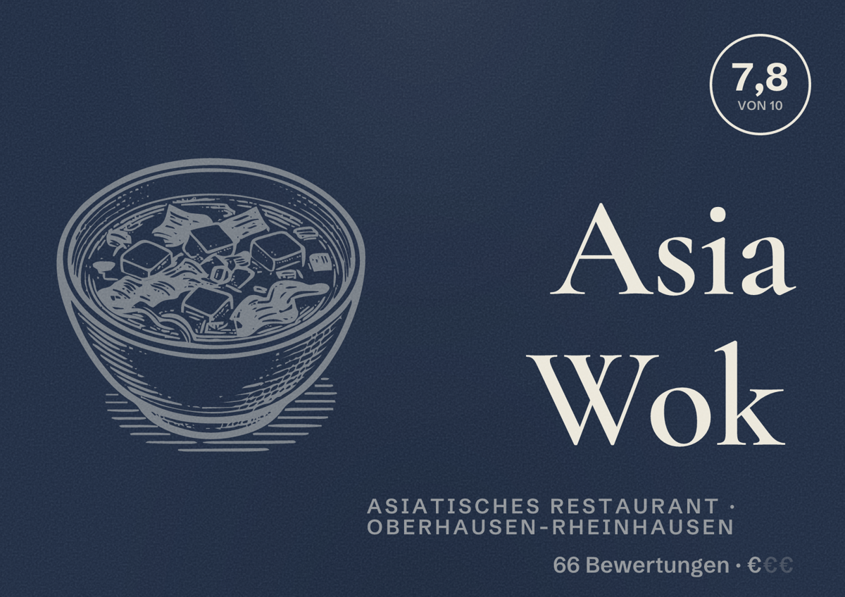 Illustriertes Poster von Asia Wok, Asiatisches Restaurant in Oberhausen-Rheinhausen: Bewertung 7,8 von 10 aus 66 Bewertungen, Preisniveau €