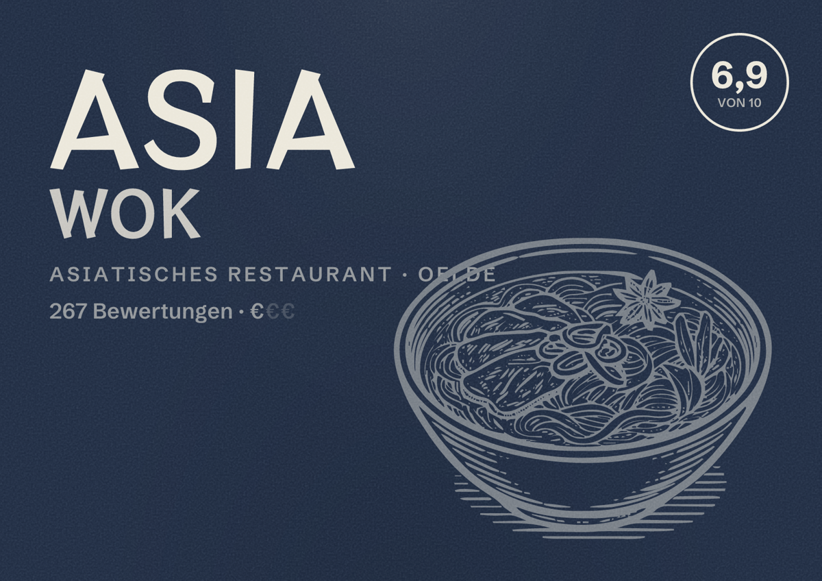 Illustriertes Poster von ASIA WOK, Asiatisches Restaurant in Oelde: Bewertung 6,9 von 10 aus 267 Bewertungen, Preisniveau €