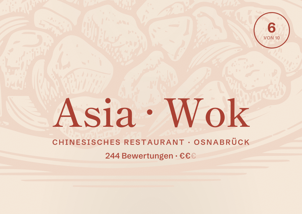 Illustriertes Poster von Asia Wok, Chinesisches Restaurant in Osnabrück: Bewertung 6 von 10 aus 244 Bewertungen, Preisniveau €€