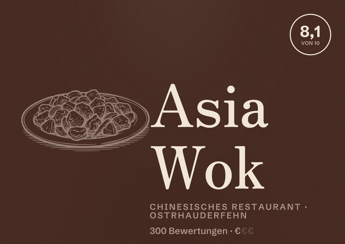 Illustriertes Poster von Asia Wok, Chinesisches Restaurant in Ostrhauderfehn: Bewertung 8,1 von 10 aus 300 Bewertungen, Preisniveau €