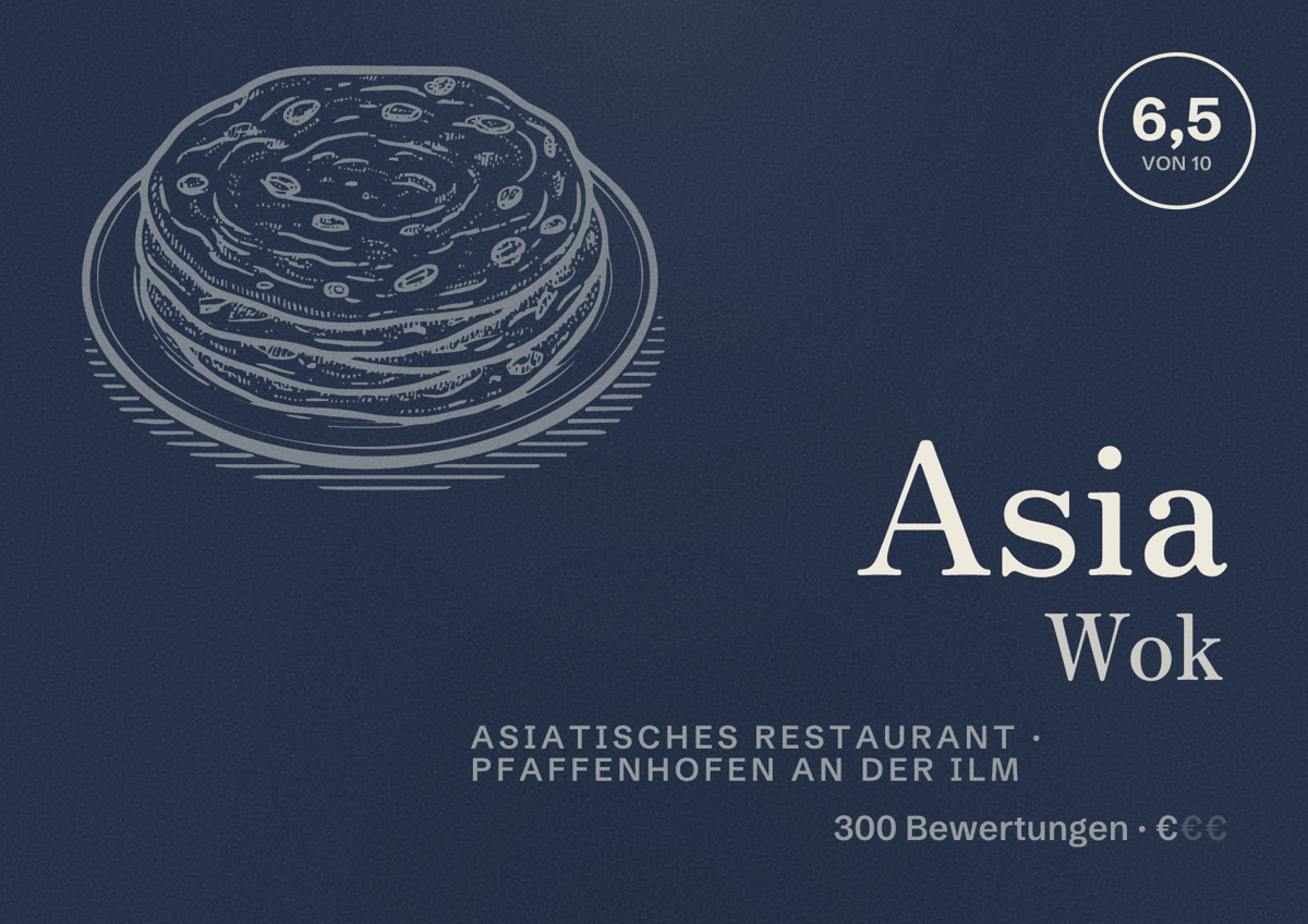 Illustriertes Poster von Asia Wok, Asiatisches Restaurant in Pfaffenhofen an der Ilm: Bewertung 6,5 von 10 aus 300 Bewertungen, Preisniveau €